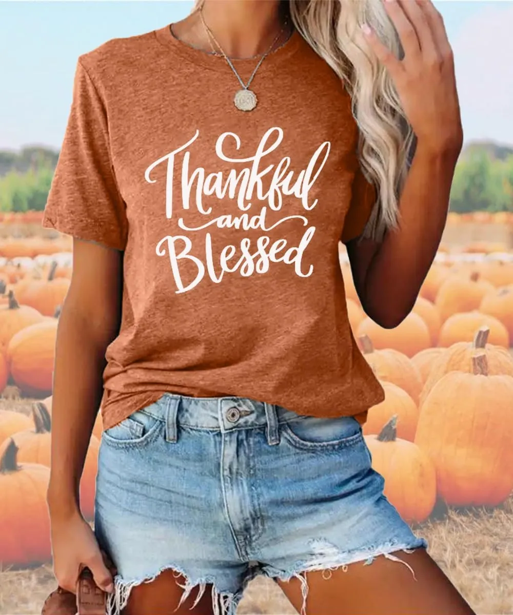 Thanksgiving Shirts for Women Thankful and Blessed Tshirt Fall Graphic Tees Casual Short Sleeve Tops
