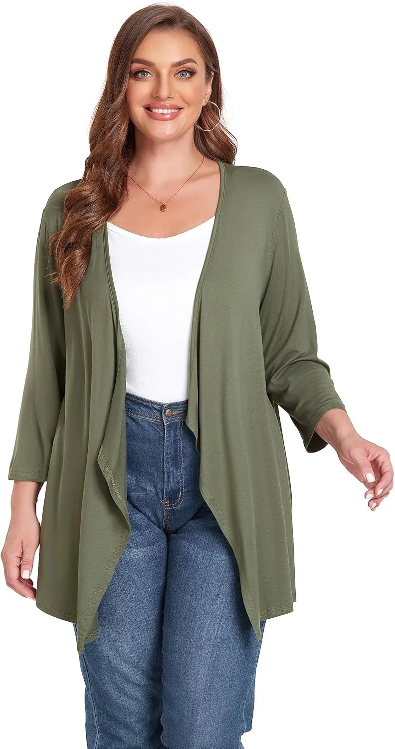 TIANZHU Women Cardigan Lightweight 3/4 Sleeve Casual Open Front Light Cardigan Drape Duster Sweaters