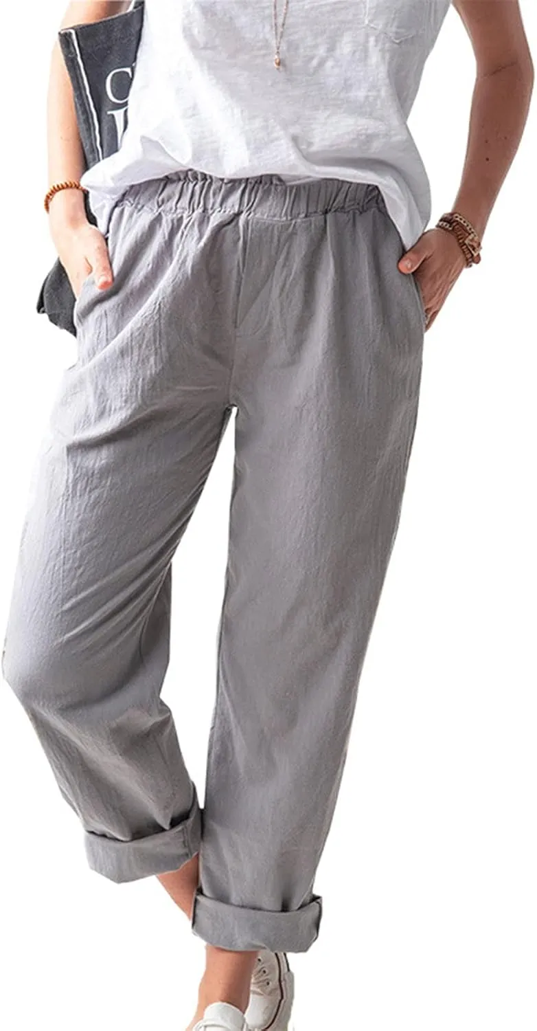 tuduoms Women's Relaxed Fit Linen Pants Elastic Waist Wide Leg Straight Joggers Summer Casual Loose Capris Yoga Trousers