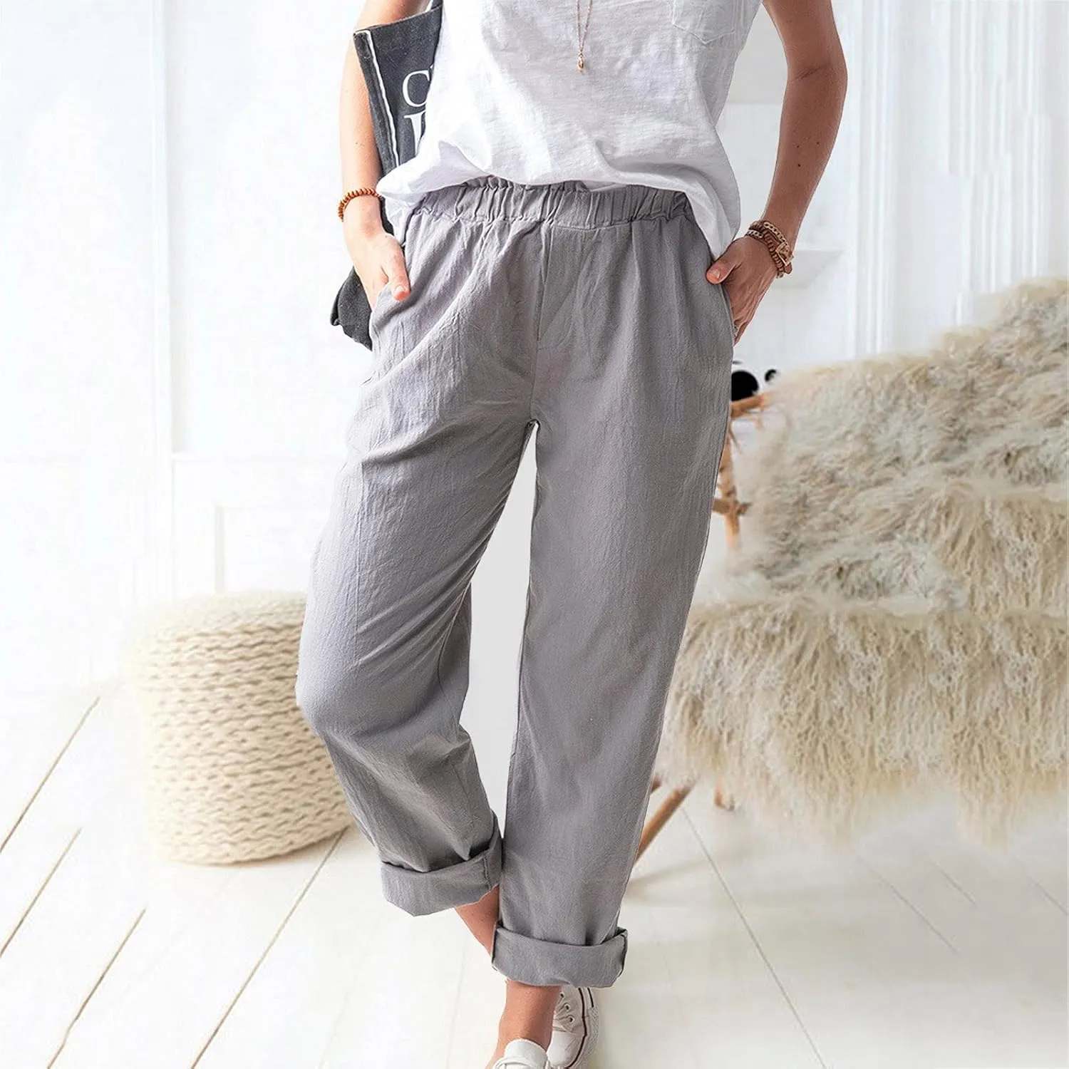 tuduoms Women's Relaxed Fit Linen Pants Elastic Waist Wide Leg Straight Joggers Summer Casual Loose Capris Yoga Trousers