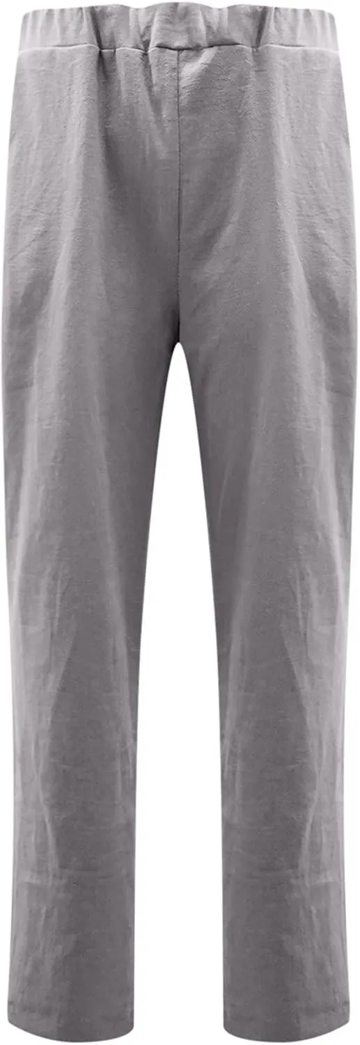 tuduoms Women's Relaxed Fit Linen Pants Elastic Waist Wide Leg Straight Joggers Summer Casual Loose Capris Yoga Trousers