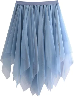 Tulle Skirts for Women Elastic Midi Skirt A-line Irregular Layered Mesh Tutu Skirts Pleated Skirts for Women