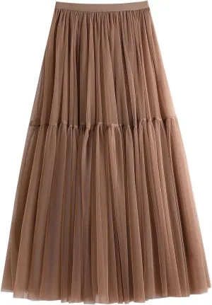 Tulle Skirts for Women Midi Long Fairy Skirt Tutu A-Line Mesh Layered High Elastic Waist Skirts Clothes for Women