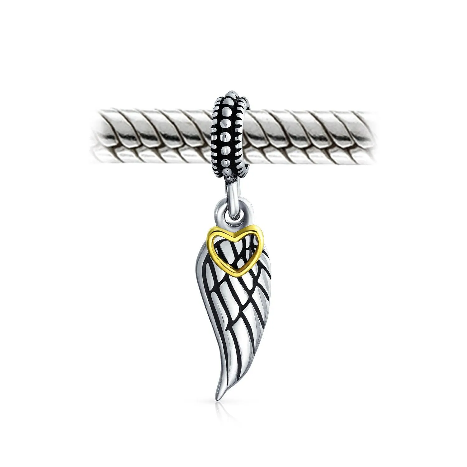 Two Tone Heart Dangle Charm Bead with Angel Wing Feather for European Bracelet