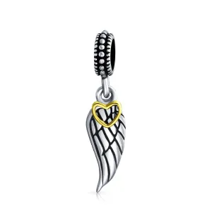 Two Tone Heart Dangle Charm Bead with Angel Wing Feather for European Bracelet