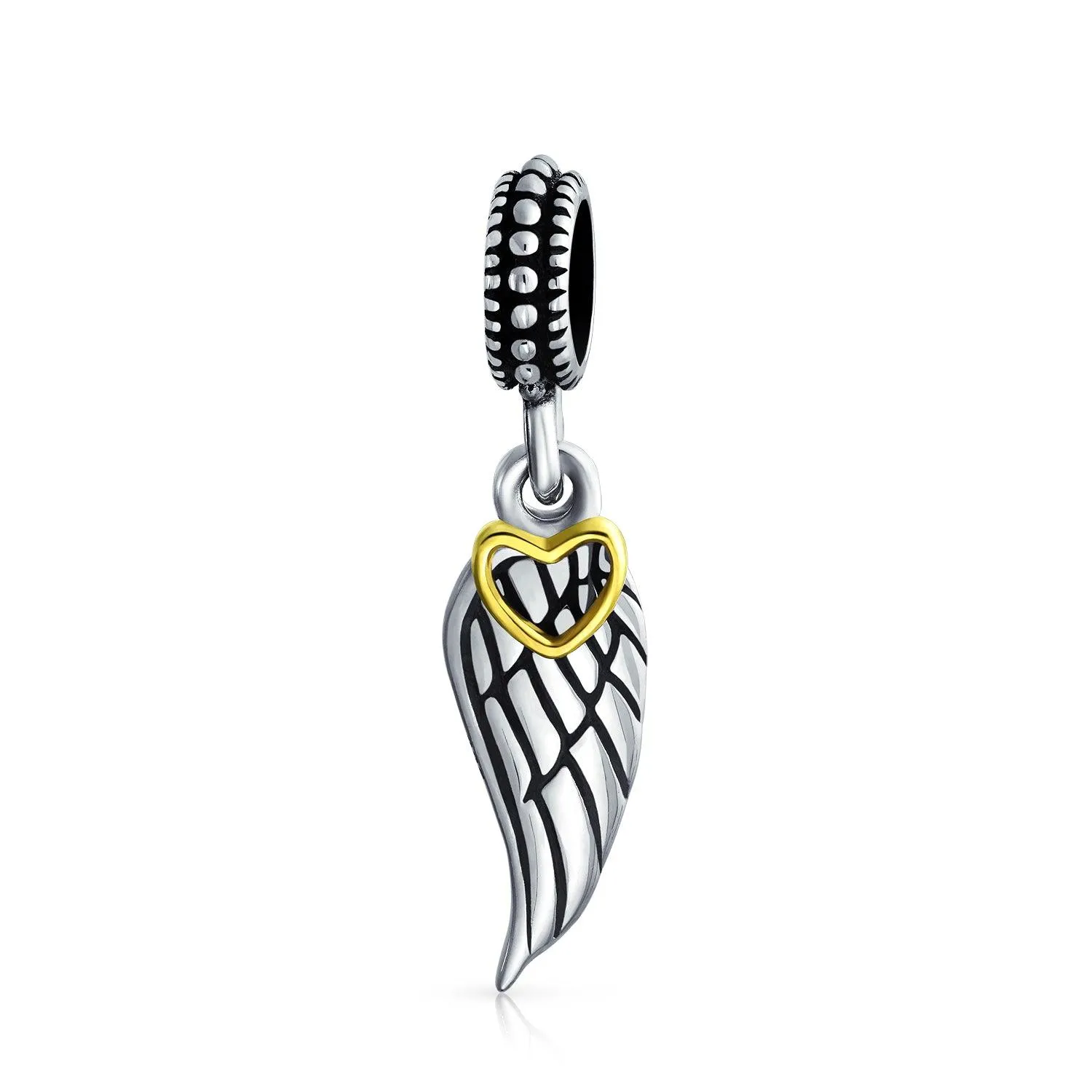 Two Tone Heart Dangle Charm Bead with Angel Wing Feather for European Bracelet