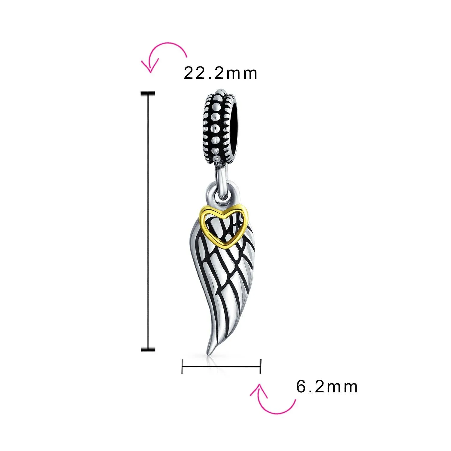 Two Tone Heart Dangle Charm Bead with Angel Wing Feather for European Bracelet