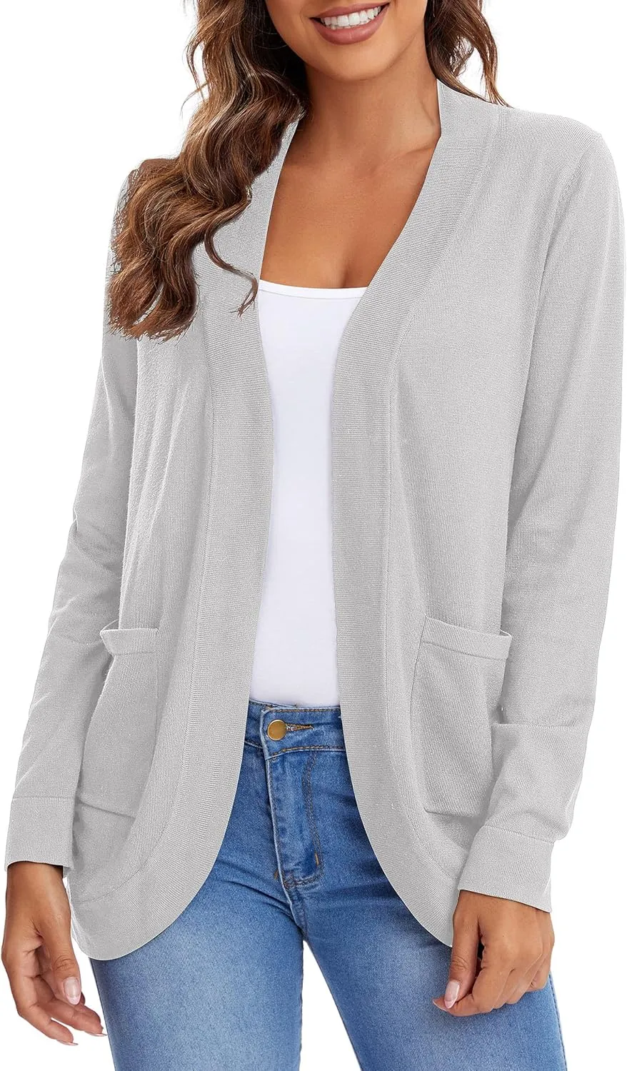 Urban CoCo Women's Long Sleeve Knit Sweater Cardigans Curved Hem Open Front with Pockets