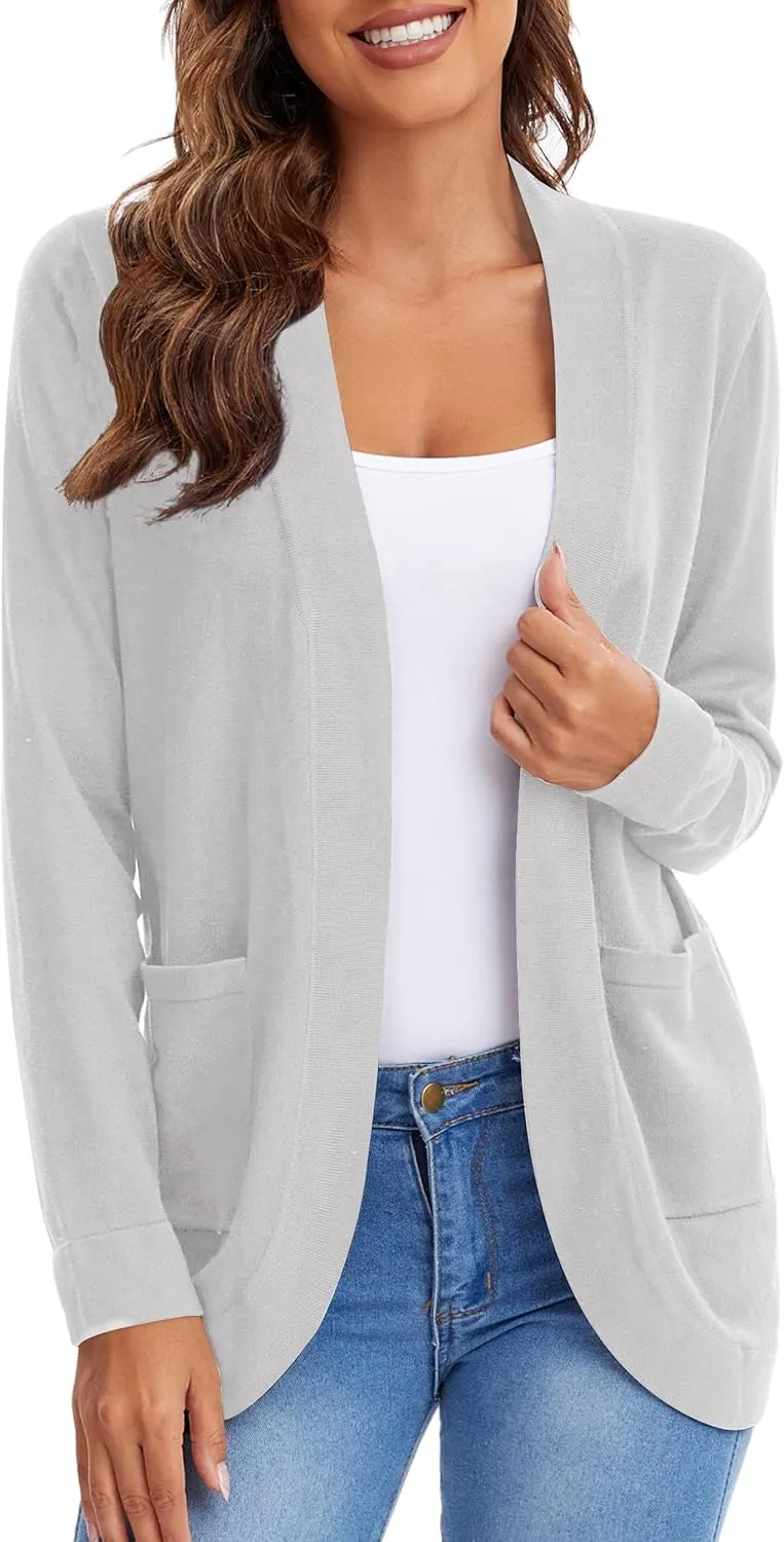 Urban CoCo Women's Long Sleeve Knit Sweater Cardigans Curved Hem Open Front with Pockets