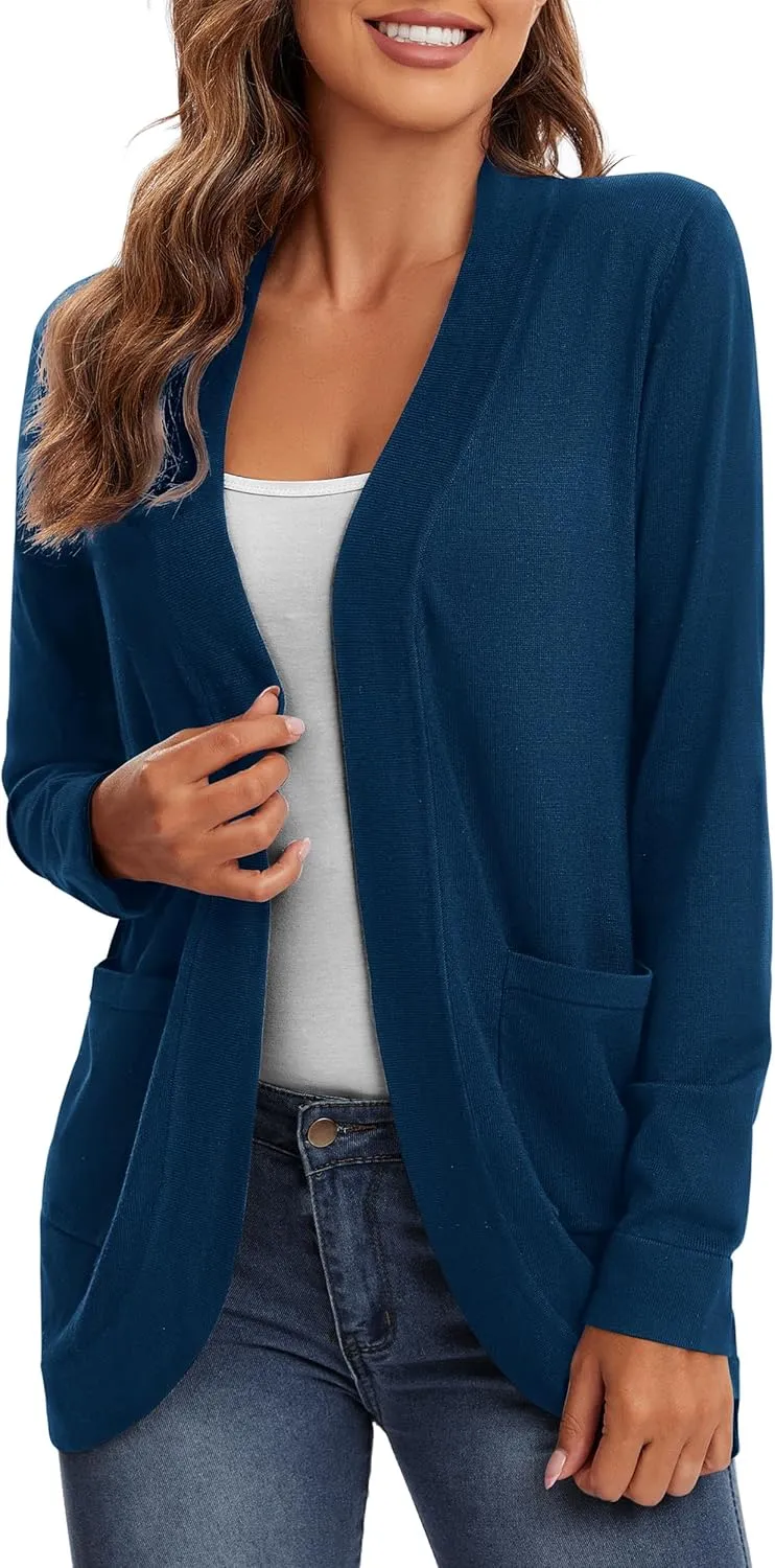 Urban CoCo Women's Long Sleeve Knit Sweater Cardigans Curved Hem Open Front with Pockets