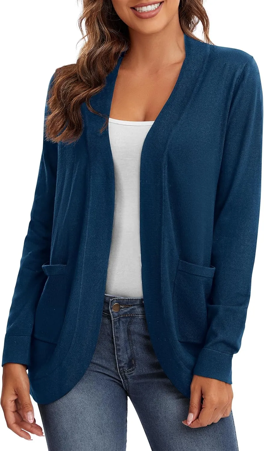 Urban CoCo Women's Long Sleeve Knit Sweater Cardigans Curved Hem Open Front with Pockets
