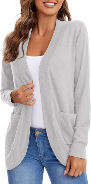 Urban CoCo Women's Long Sleeve Knit Sweater Cardigans Curved Hem Open Front with Pockets
