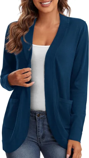 Urban CoCo Women's Long Sleeve Knit Sweater Cardigans Curved Hem Open Front with Pockets