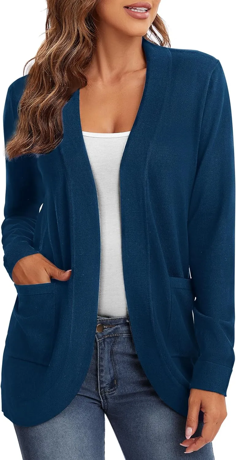 Urban CoCo Women's Long Sleeve Knit Sweater Cardigans Curved Hem Open Front with Pockets