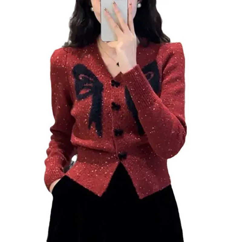 V-neck Bowknot Knitted Sweater Long Sleeve Sweater