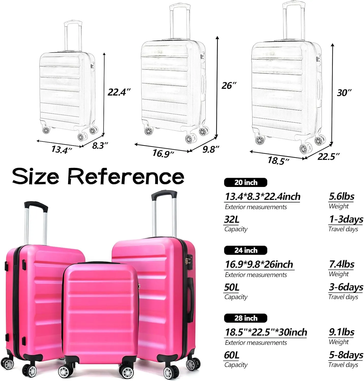 VANELC 3-Piece Luggage Sets(20,24,28inches) Featuring 360Rotating Wheels and TSA Lock ABS Hard Shell yet Practical Design Suitable for both Men and Women (Rose Red, 3PCS)