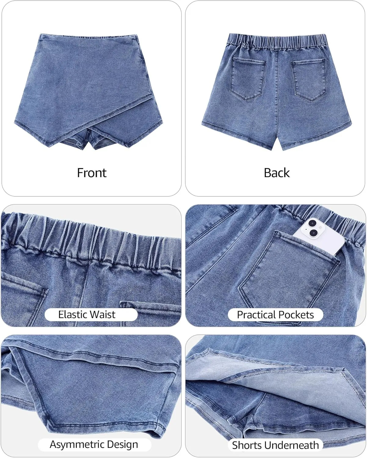 Vetinee Jean Skorts for Woman High Waisted Pull On Elastic Waist Wrap Asymmetrical Stretch Denim Skort Skirt with Shorts