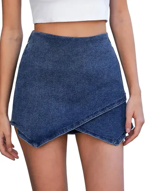 Vetinee Jean Skorts for Woman High Waisted Pull On Elastic Waist Wrap Asymmetrical Stretch Denim Skort Skirt with Shorts