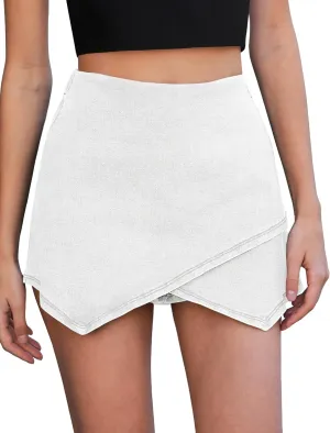 Vetinee Jean Skorts for Woman High Waisted Pull On Elastic Waist Wrap Asymmetrical Stretch Denim Skort Skirt with Shorts