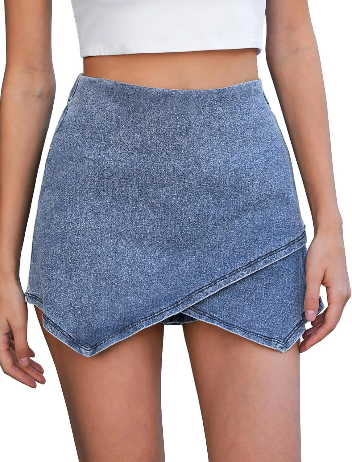 Vetinee Jean Skorts for Woman High Waisted Pull On Elastic Waist Wrap Asymmetrical Stretch Denim Skort Skirt with Shorts