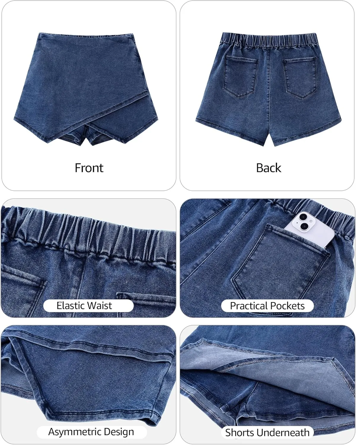 Vetinee Jean Skorts for Woman High Waisted Pull On Elastic Waist Wrap Asymmetrical Stretch Denim Skort Skirt with Shorts