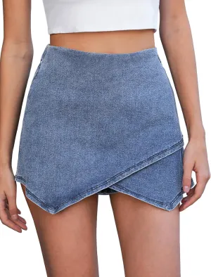 Vetinee Jean Skorts for Woman High Waisted Pull On Elastic Waist Wrap Asymmetrical Stretch Denim Skort Skirt with Shorts