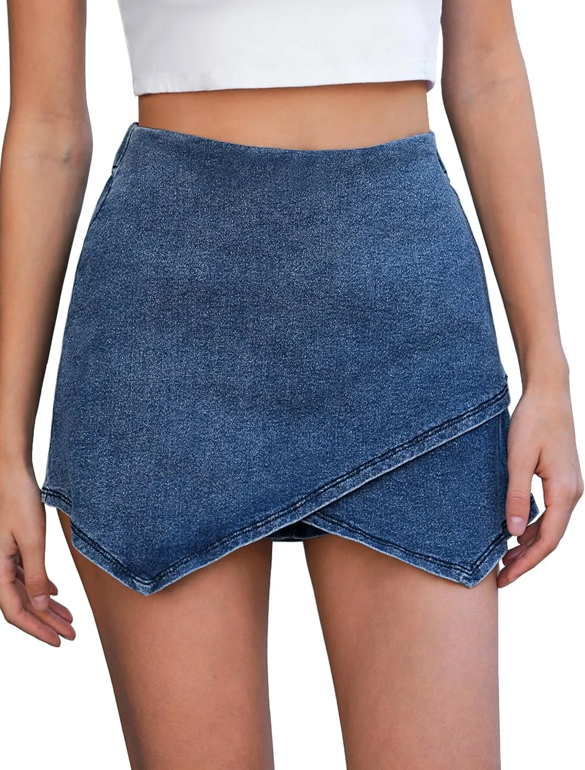 Vetinee Jean Skorts for Woman High Waisted Pull On Elastic Waist Wrap Asymmetrical Stretch Denim Skort Skirt with Shorts