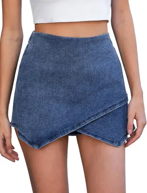 Vetinee Jean Skorts for Woman High Waisted Pull On Elastic Waist Wrap Asymmetrical Stretch Denim Skort Skirt with Shorts