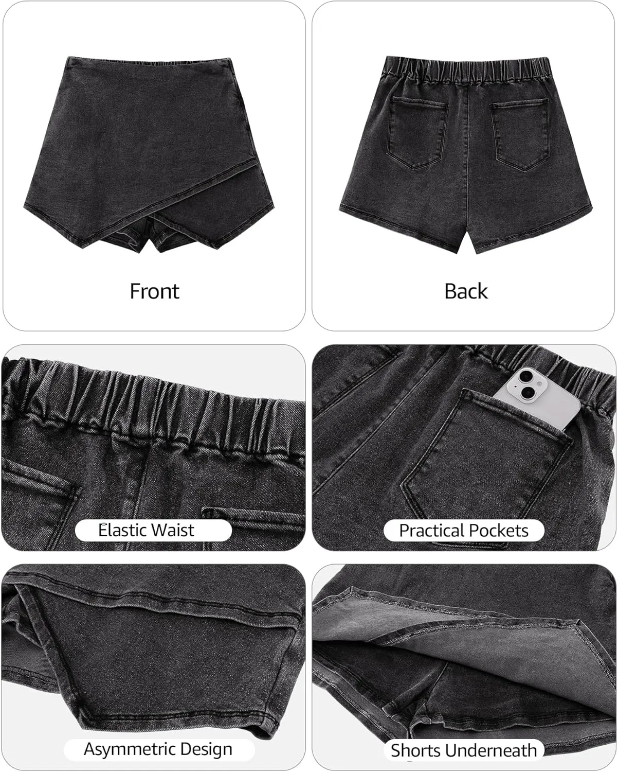 Vetinee Jean Skorts for Woman High Waisted Pull On Elastic Waist Wrap Asymmetrical Stretch Denim Skort Skirt with Shorts