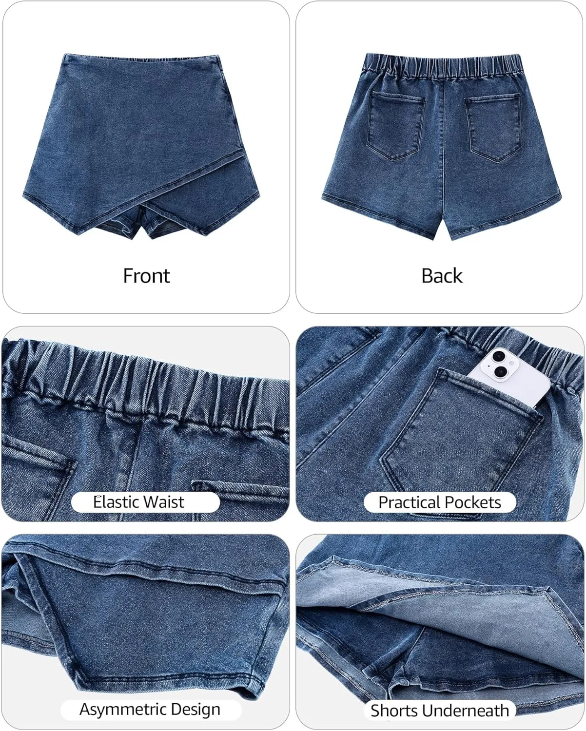 Vetinee Jean Skorts for Woman High Waisted Pull On Elastic Waist Wrap Asymmetrical Stretch Denim Skort Skirt with Shorts