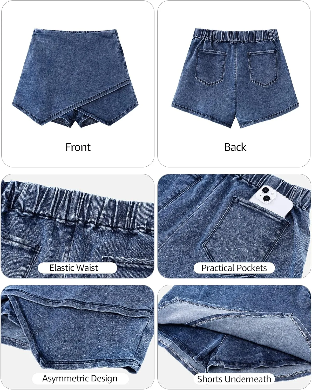 Vetinee Jean Skorts for Woman High Waisted Pull On Elastic Waist Wrap Asymmetrical Stretch Denim Skort Skirt with Shorts