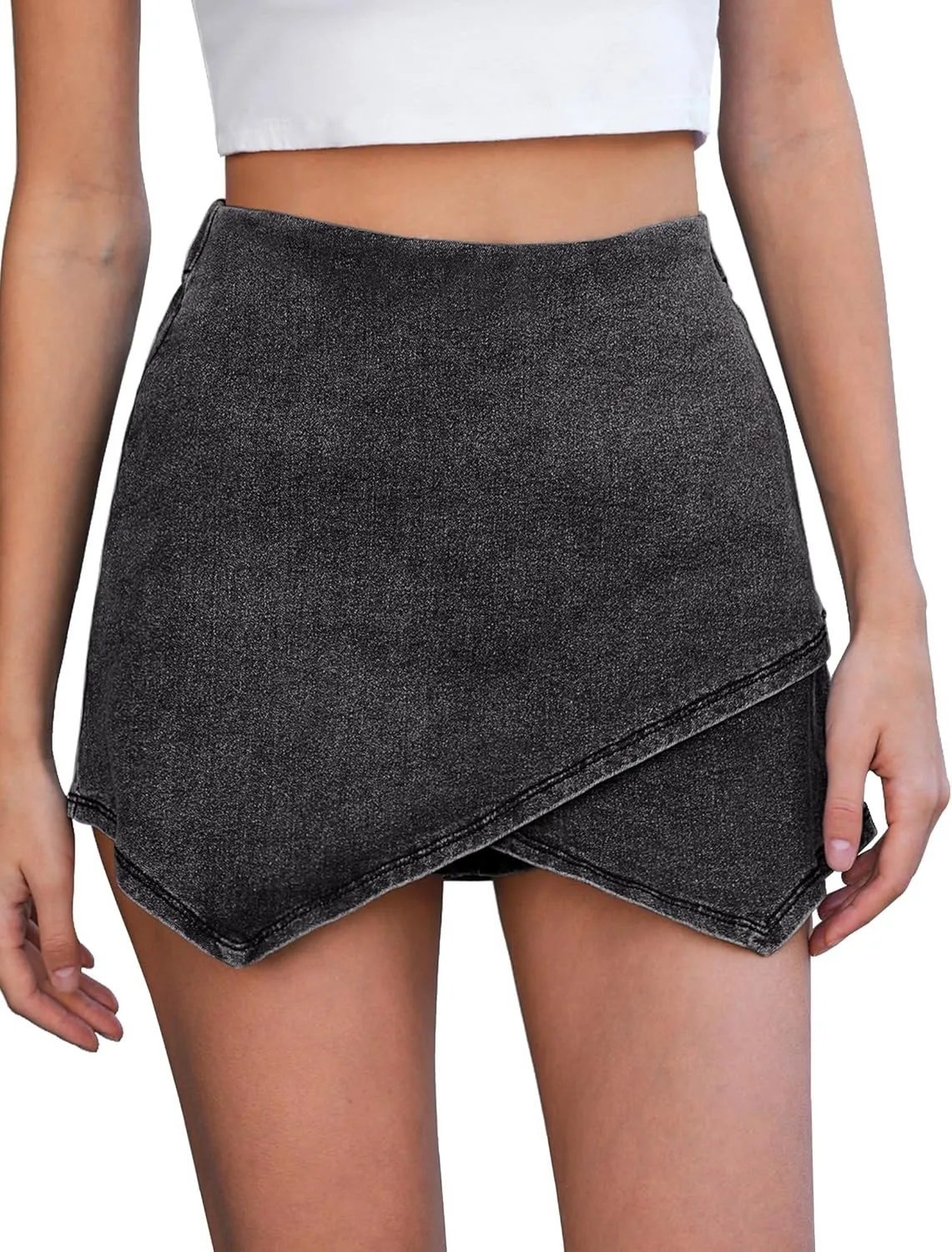 Vetinee Jean Skorts for Woman High Waisted Pull On Elastic Waist Wrap Asymmetrical Stretch Denim Skort Skirt with Shorts