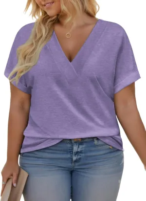 VISLILY Plus-Size-Summer-Tops for Women Casual V Neck T Shirts Trendy Loose Tees Fashion Rolled Short Sleeve Tunics XL-5XL