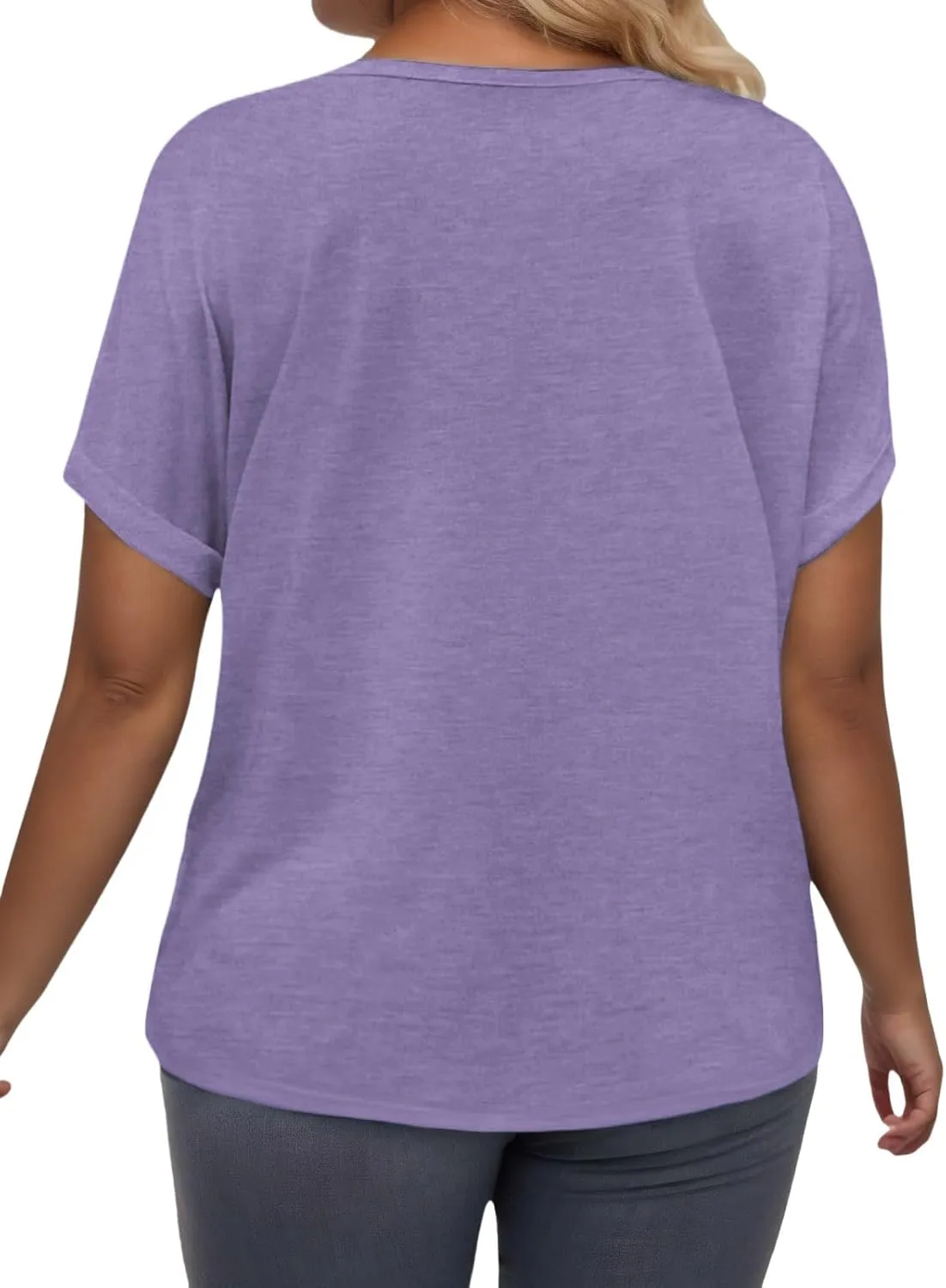 VISLILY Plus-Size-Summer-Tops for Women Casual V Neck T Shirts Trendy Loose Tees Fashion Rolled Short Sleeve Tunics XL-5XL