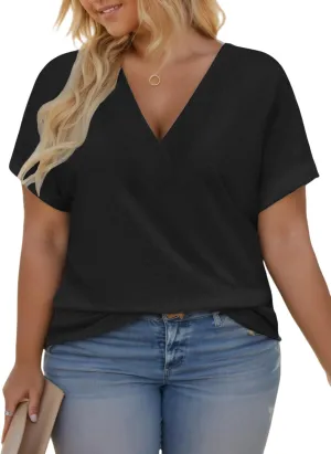 VISLILY Plus-Size-Summer-Tops for Women Casual V Neck T Shirts Trendy Loose Tees Fashion Rolled Short Sleeve Tunics XL-5XL