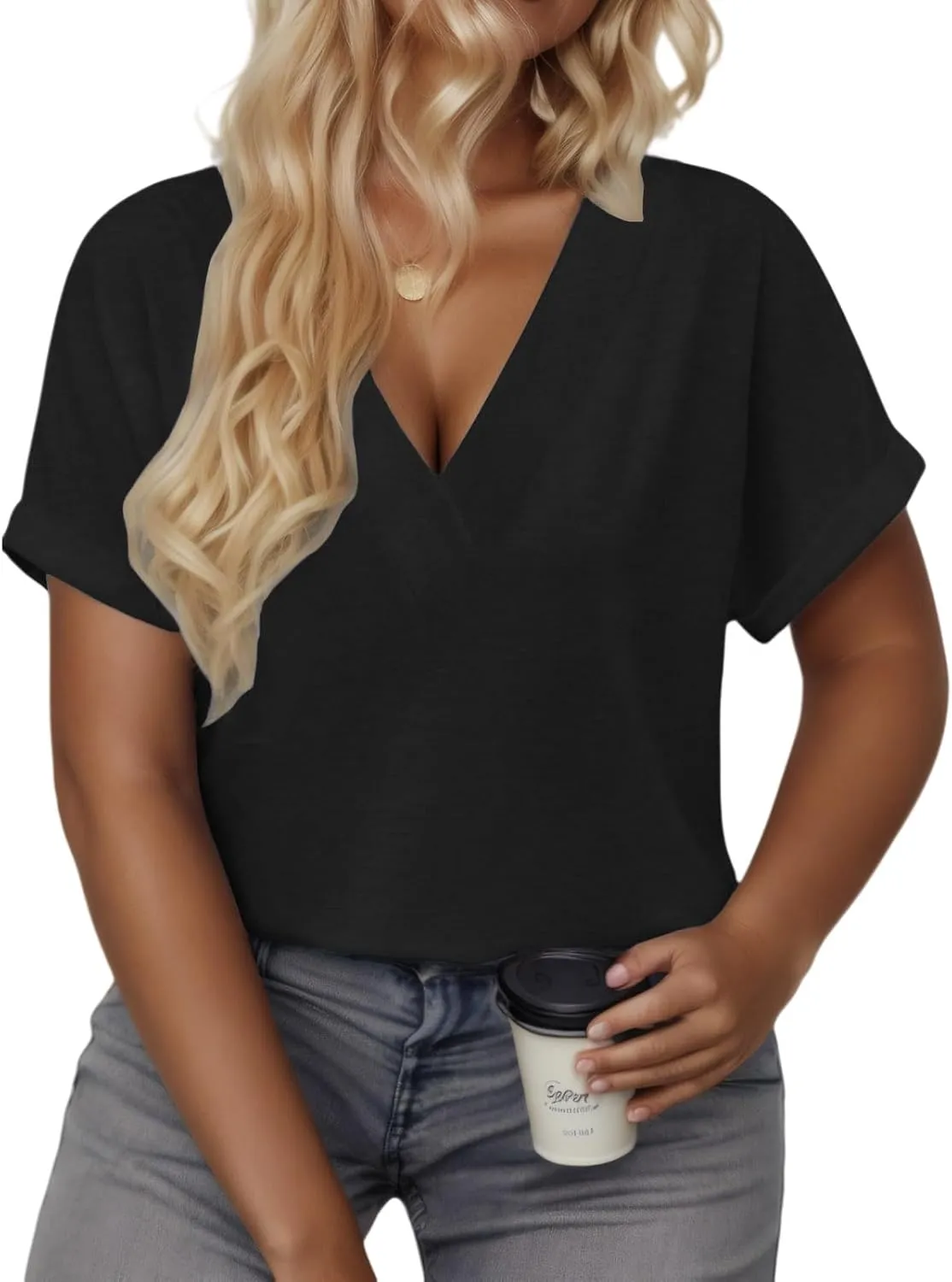 VISLILY Plus-Size-Summer-Tops for Women Casual V Neck T Shirts Trendy Loose Tees Fashion Rolled Short Sleeve Tunics XL-5XL