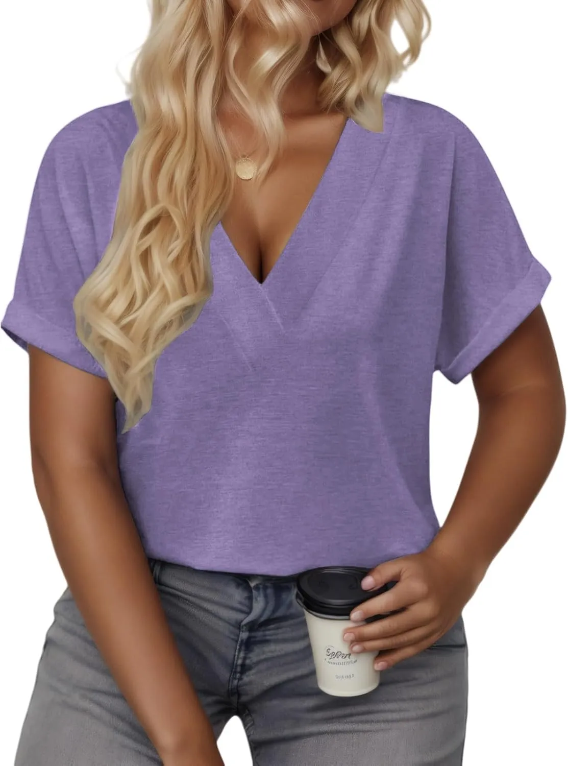 VISLILY Plus-Size-Summer-Tops for Women Casual V Neck T Shirts Trendy Loose Tees Fashion Rolled Short Sleeve Tunics XL-5XL