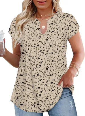 VISLILY Plus-Size-Summer-Tops for Women Dressy V Neck T Shirts Trendy Petal Short Sleeve Tunics Casual Pleated Blouses 1X-5X