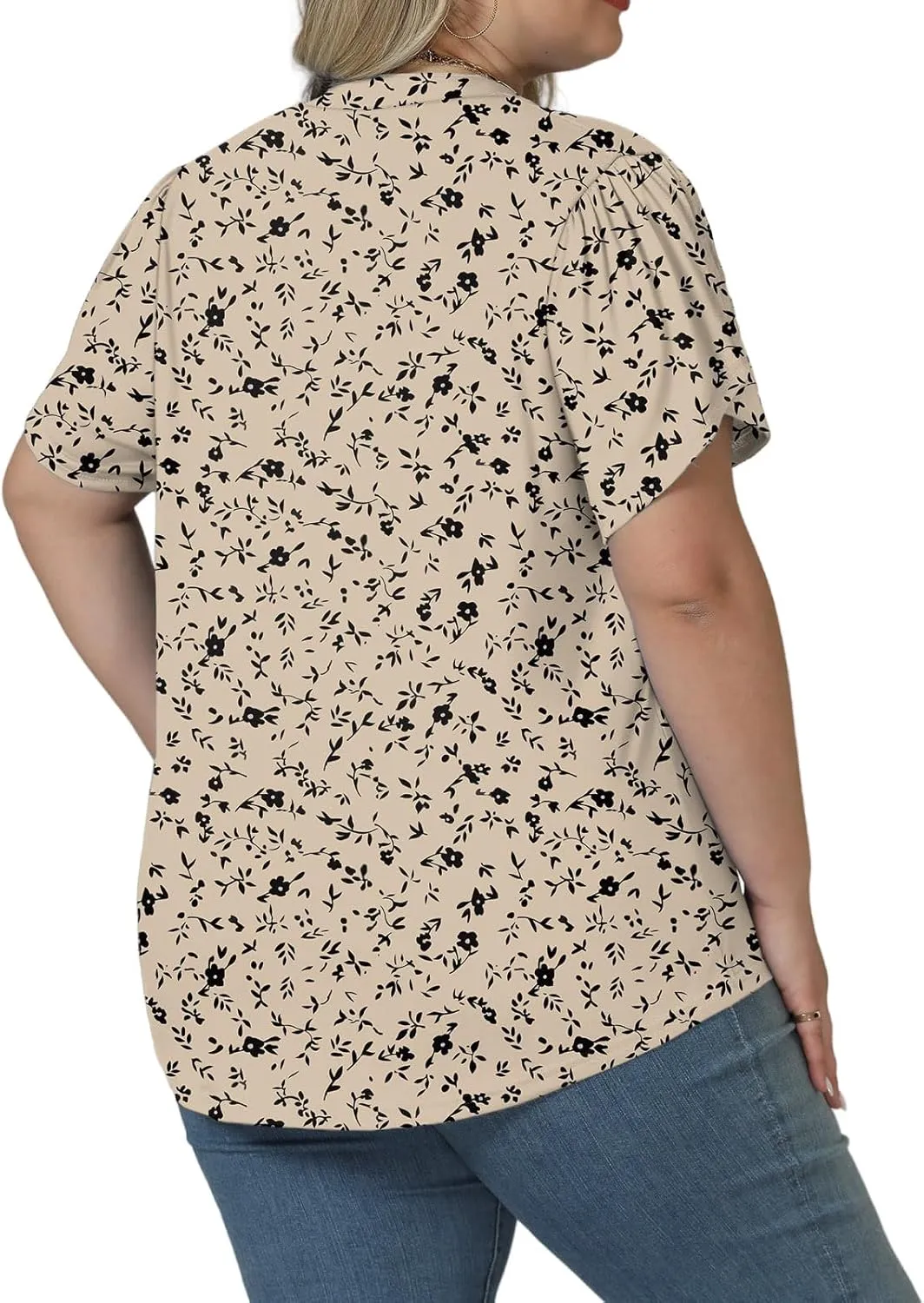 VISLILY Plus-Size-Summer-Tops for Women Dressy V Neck T Shirts Trendy Petal Short Sleeve Tunics Casual Pleated Blouses 1X-5X