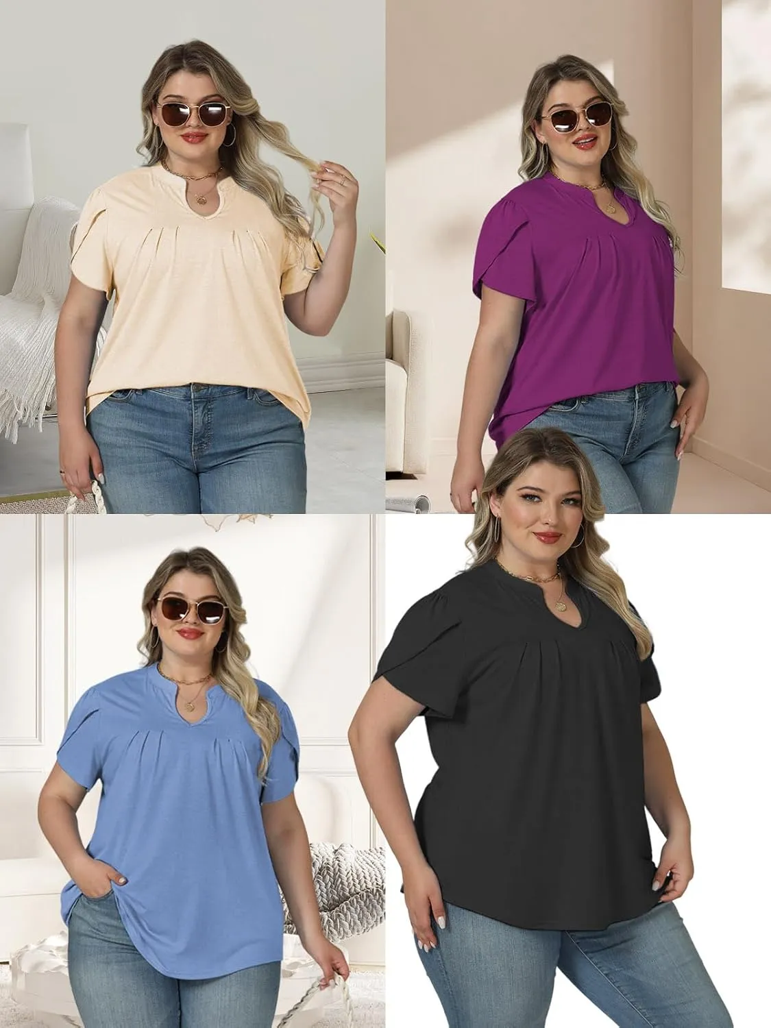 VISLILY Plus-Size-Summer-Tops for Women Dressy V Neck T Shirts Trendy Petal Short Sleeve Tunics Casual Pleated Blouses 1X-5X
