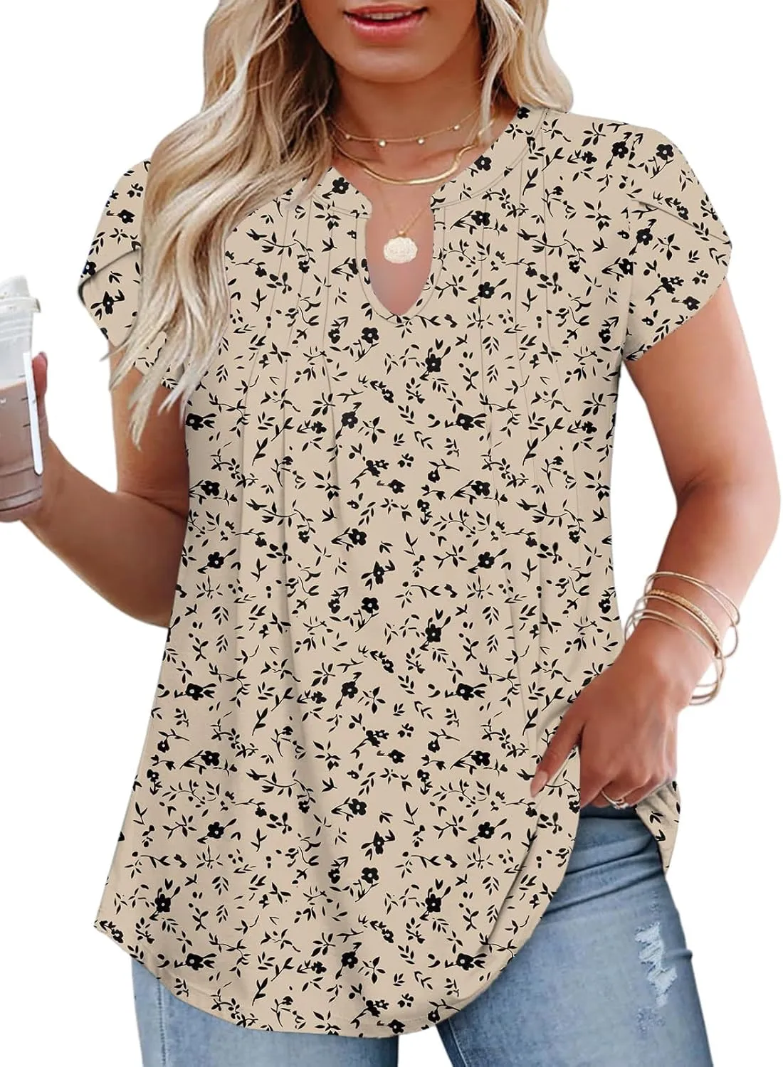 VISLILY Plus-Size-Summer-Tops for Women Dressy V Neck T Shirts Trendy Petal Short Sleeve Tunics Casual Pleated Blouses 1X-5X