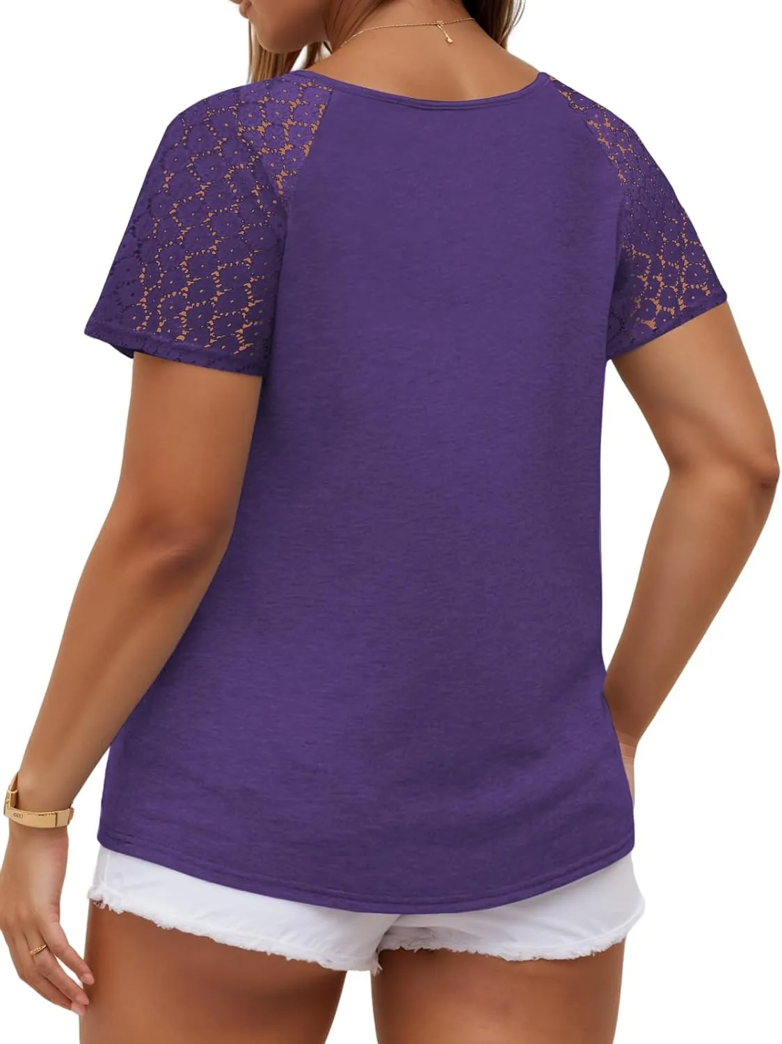 VISLILY Plus-Size-Womens-Summer-Tops Casual V-Neck T Shirts Raglan Lace Dotted Short Sleeve Tunics Cute Trendy Blouses XL-5XL