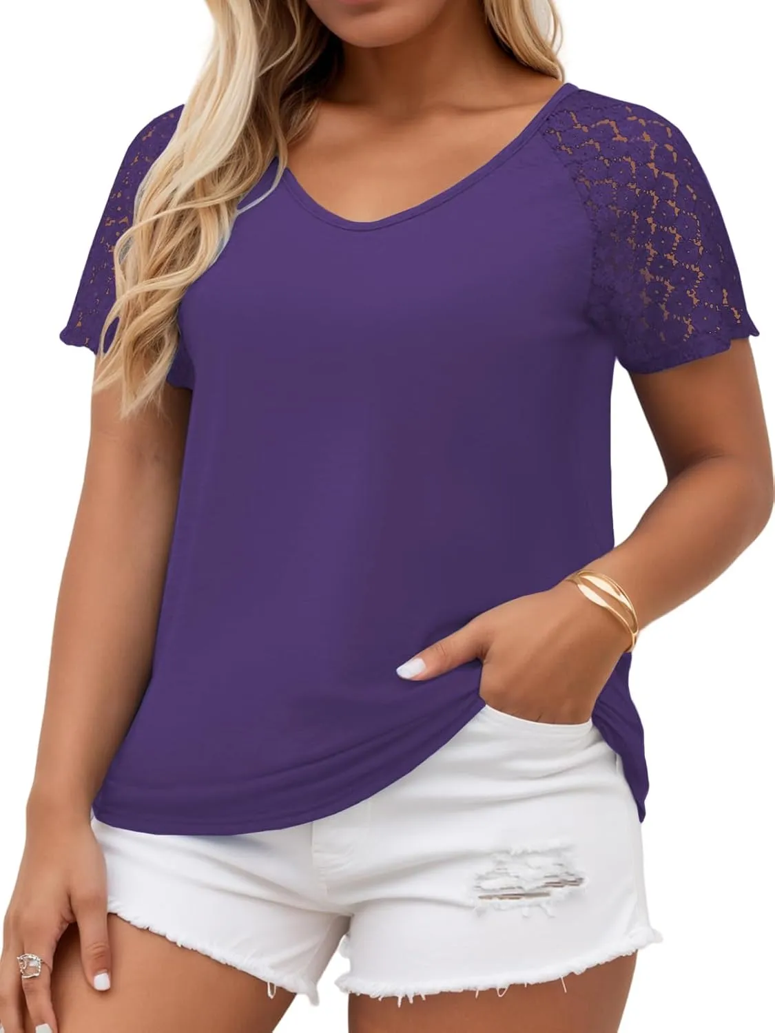 VISLILY Plus-Size-Womens-Summer-Tops Casual V-Neck T Shirts Raglan Lace Dotted Short Sleeve Tunics Cute Trendy Blouses XL-5XL