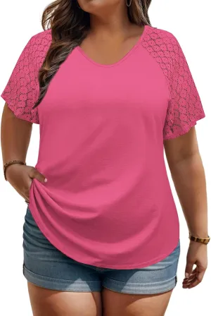 VISLILY Plus-Size-Womens-Summer-Tops Casual V-Neck T Shirts Raglan Lace Dotted Short Sleeve Tunics Cute Trendy Blouses XL-5XL