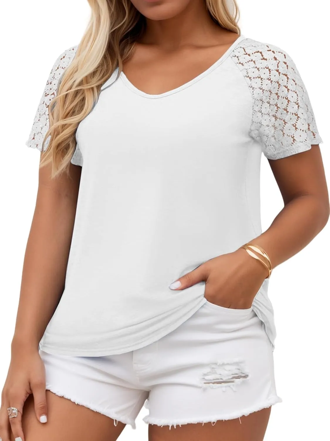 VISLILY Plus-Size-Womens-Summer-Tops Casual V-Neck T Shirts Raglan Lace Dotted Short Sleeve Tunics Cute Trendy Blouses XL-5XL