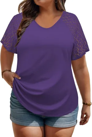 VISLILY Plus-Size-Womens-Summer-Tops Casual V-Neck T Shirts Raglan Lace Dotted Short Sleeve Tunics Cute Trendy Blouses XL-5XL