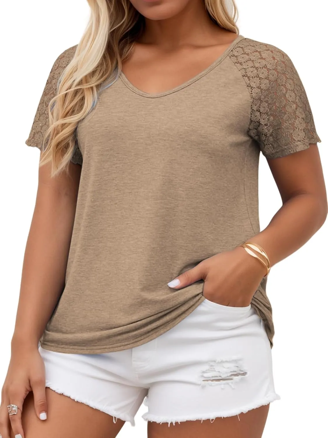 VISLILY Plus-Size-Womens-Summer-Tops Casual V-Neck T Shirts Raglan Lace Dotted Short Sleeve Tunics Cute Trendy Blouses XL-5XL