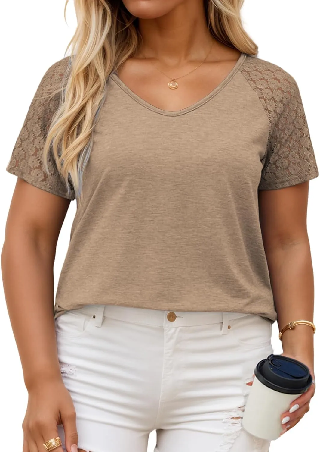 VISLILY Plus-Size-Womens-Summer-Tops Casual V-Neck T Shirts Raglan Lace Dotted Short Sleeve Tunics Cute Trendy Blouses XL-5XL