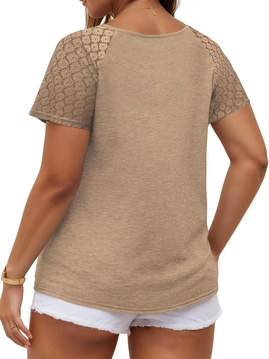 VISLILY Plus-Size-Womens-Summer-Tops Casual V-Neck T Shirts Raglan Lace Dotted Short Sleeve Tunics Cute Trendy Blouses XL-5XL