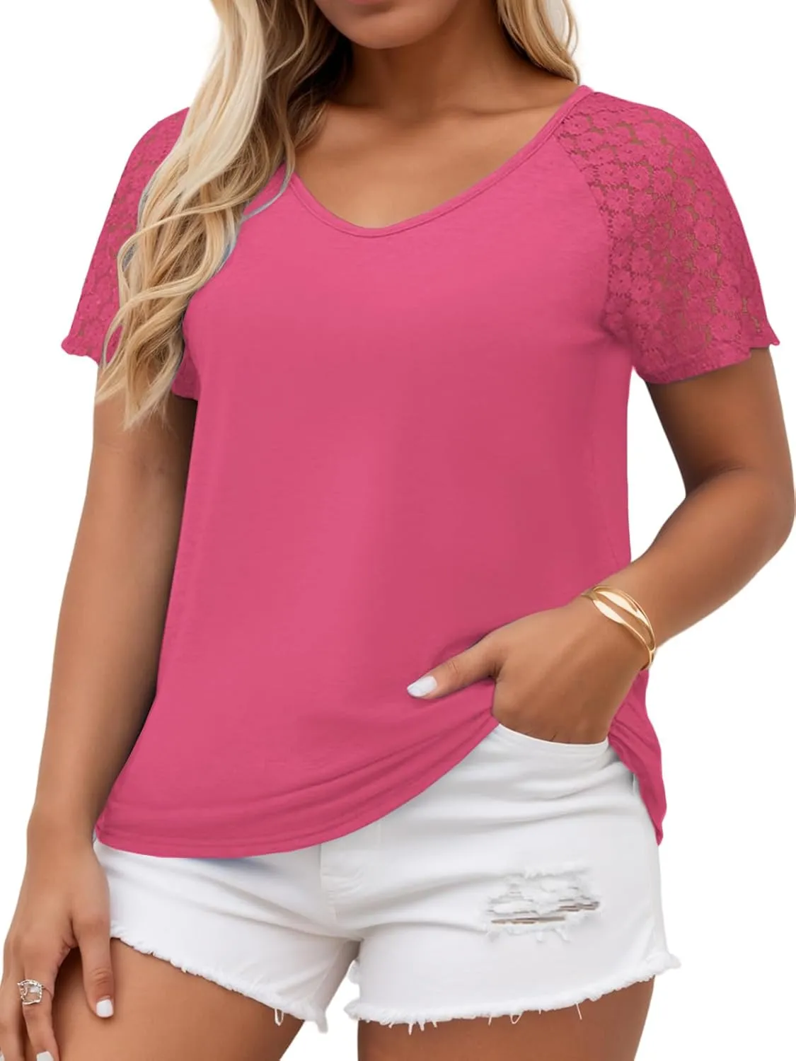VISLILY Plus-Size-Womens-Summer-Tops Casual V-Neck T Shirts Raglan Lace Dotted Short Sleeve Tunics Cute Trendy Blouses XL-5XL